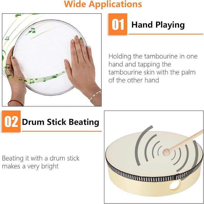 DAJAVE 4 Pack Hand Drums with Drum Stick 4Inch 6 Inch 8 Inch 10 Inch, Percussion Wood Frame Drum with 4 Sticks, Musical Instruments for Drums Beginners for Home School Party Supplies - Image 4